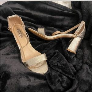 Gold block heel with strap. Valenti Franco: Size 9